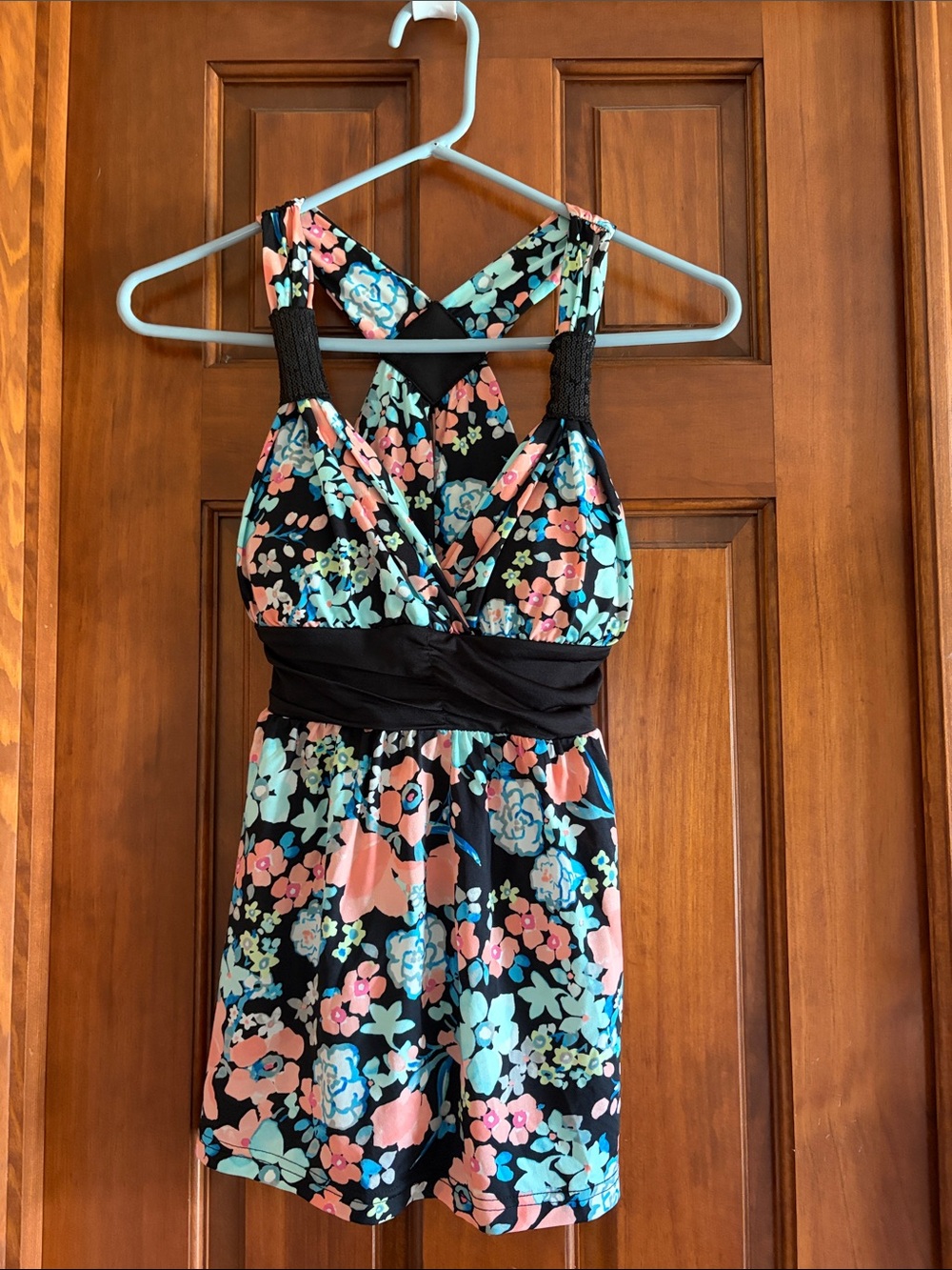 Floral Crossback Tank in Black, Coral & Aqua